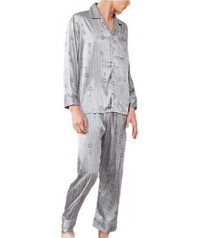 Men's Pajamas Printed Silk Pajamas Set Long-Sleeved Trousers Pajamas Two-Piece Home Suits - 1 - CG198ALANLO $56.20 Sleep Sets