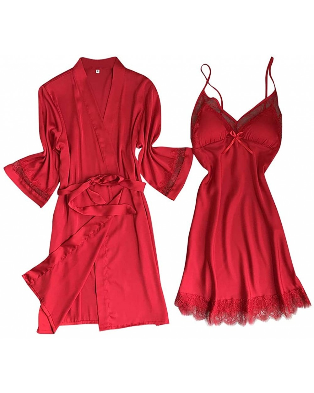 2pcs Pajamas Set Cami Pjs Loungewear with Belt Exotic Chemises Stain Lingerie Satin Silk Pajamas Nightdress - A-red (2 Pcs) -...