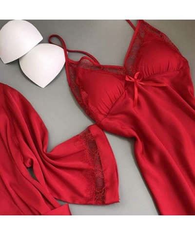 2pcs Pajamas Set Cami Pjs Loungewear with Belt Exotic Chemises Stain Lingerie Satin Silk Pajamas Nightdress - A-red (2 Pcs) -...