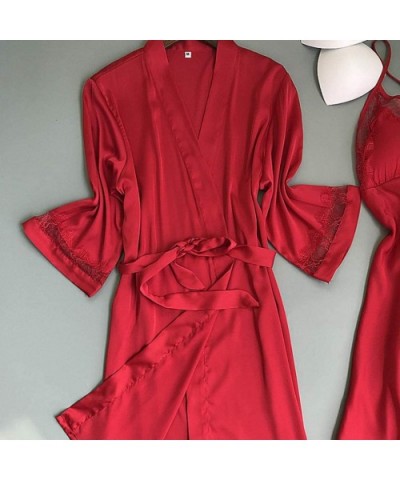 2pcs Pajamas Set Cami Pjs Loungewear with Belt Exotic Chemises Stain Lingerie Satin Silk Pajamas Nightdress - A-red (2 Pcs) -...