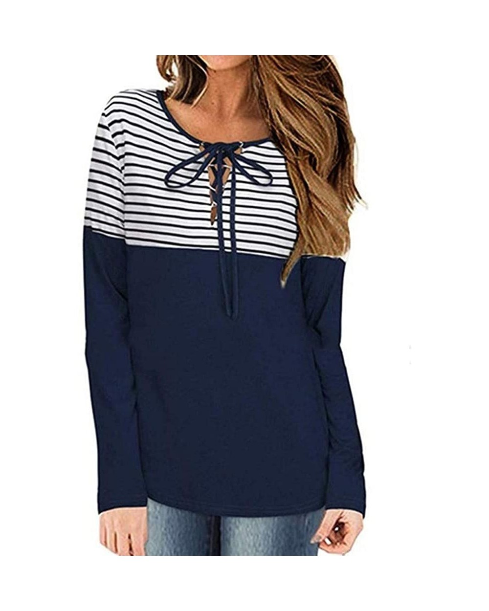 Women Top Blouse Long Sleeve Stripe Patchwork Loose Round Neck T-Shirts Casual Tees Tops - Navy - CZ18XSK0GRO $21.47 Baby Dol...