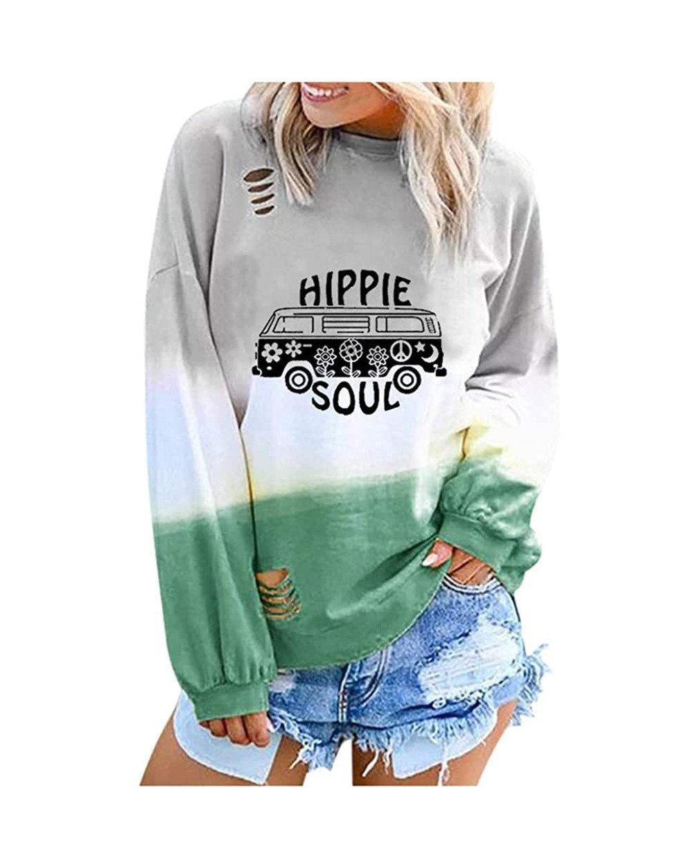 Womens Casual Pullover Tunics Tie Dye Print Round Neck Shirt Long Sleeve Fashion Ripped Sweatshirt Tops - Green - C918XUWTW7O...