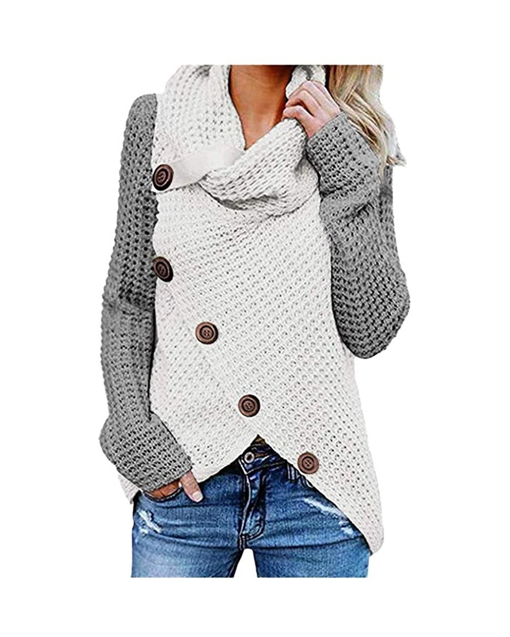 Women Sweatshirt Blouse Long Sleeve Button Turtle Cowl Neck Asymmetric Hem Pullover Sweater Top - Gray - CV18YTK87H3 $23.91 B...