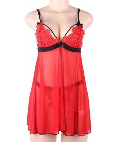 Sheer Flyaway Camisole Babydoll Lingerie Set - Red - CG19D5AXLRM $33.77 Baby Dolls & Chemises