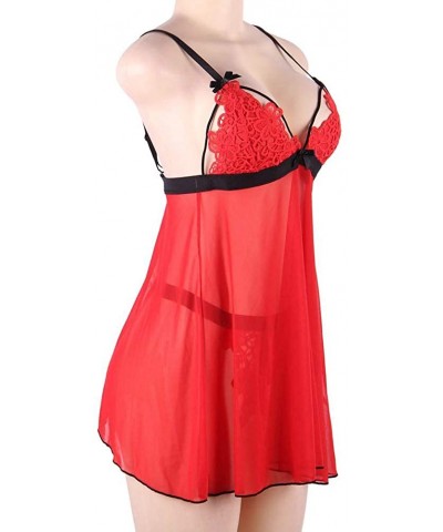 Sheer Flyaway Camisole Babydoll Lingerie Set - Red - CG19D5AXLRM $33.77 Baby Dolls & Chemises