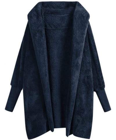 Women's Fluffy Coat Solid Color Plush Hooded Outwear Button Buckle Long Overcoat - B-navy - CD192338K03 $42.81 Thermal Underwear