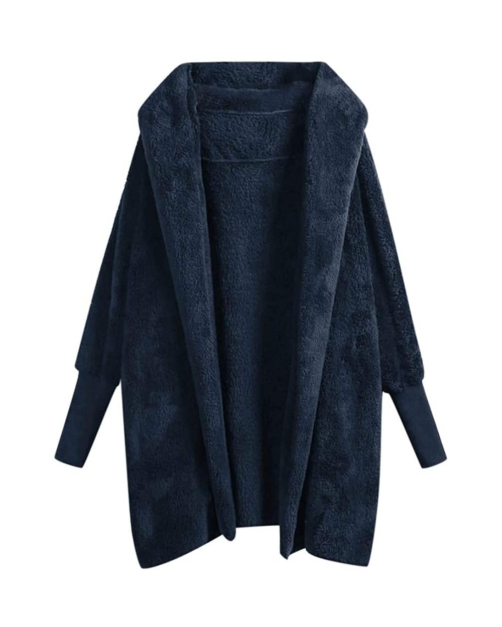 Women's Fluffy Coat Solid Color Plush Hooded Outwear Button Buckle Long Overcoat - B-navy - CD192338K03 $42.81 Thermal Underwear