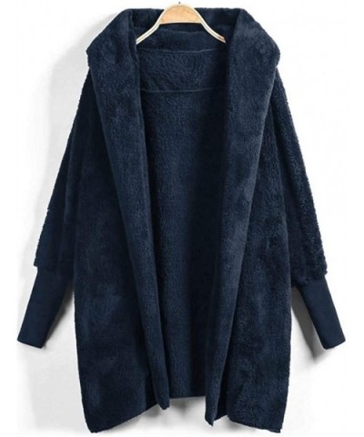 Women's Fluffy Coat Solid Color Plush Hooded Outwear Button Buckle Long Overcoat - B-navy - CD192338K03 $42.81 Thermal Underwear