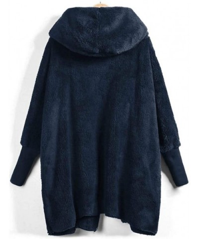 Women's Fluffy Coat Solid Color Plush Hooded Outwear Button Buckle Long Overcoat - B-navy - CD192338K03 $42.81 Thermal Underwear