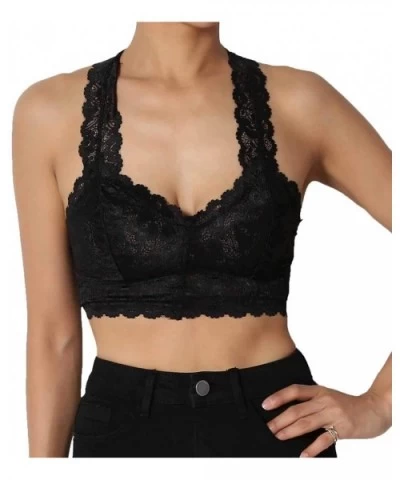 Stretchy Lace Bra with Hour Glass Back with Removable Pads - Black - C418X79NTC2 $13.40 Camisoles & Tanks