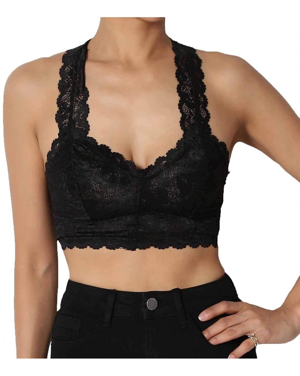 Stretchy Lace Bra with Hour Glass Back with Removable Pads - Black - C418X79NTC2 $13.40 Camisoles & Tanks