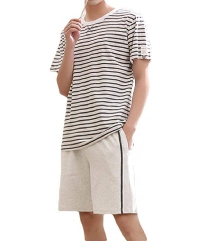 Men Plus-Size Stripes Summer Relaxed Short Sleve Pajama Loungewear Set - Light Grey - C318TQHSHLI $47.35 Sleep Sets