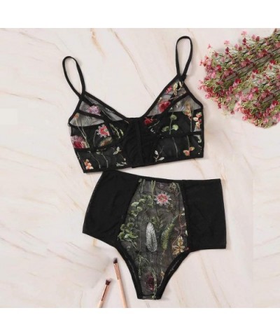 Fashion Women V-Neck Floral Embroidered Lace Lingerie Set Black Underwear S-2XL - Black - CN18A3S00E9 $12.72 Nightgowns & Sle...