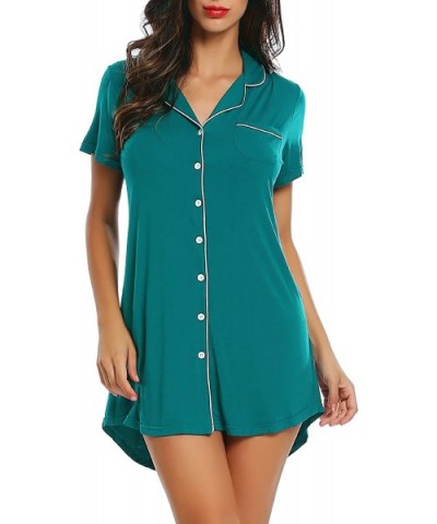 Womens Short Sleeve Nightgown Button Down Nightshirt Bamboo Sleep Shirt Soft Pajama Top - Teal-short Sleeve - C0197ZDXD2L $45...