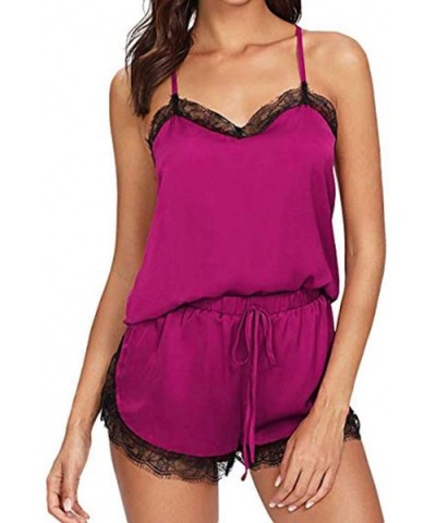 Women Sleepwear Sleeveless Strap Nightwear Lace Trim Satin Cami Top Pajama Sets - Hotpink - CS18ULXSMZR $15.37 Slips