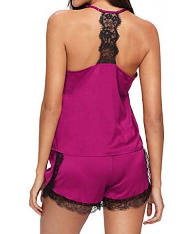 Women Sleepwear Sleeveless Strap Nightwear Lace Trim Satin Cami Top Pajama Sets - Hotpink - CS18ULXSMZR $15.37 Slips