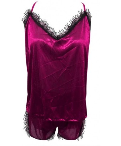 Women Sleepwear Sleeveless Strap Nightwear Lace Trim Satin Cami Top Pajama Sets - Hotpink - CS18ULXSMZR $15.37 Slips