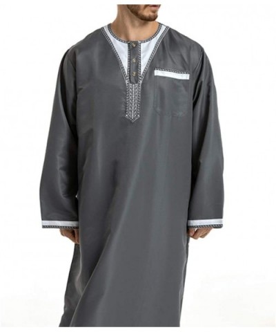 Men's Islamic Thobe Round Collar Splicing Long Sleeve Arab Muslim Wear Robe Clothes Size M (Grey) - C918SXCXECR $62.73 Robes