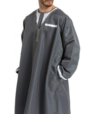 Men's Islamic Thobe Round Collar Splicing Long Sleeve Arab Muslim Wear Robe Clothes Size M (Grey) - C918SXCXECR $62.73 Robes