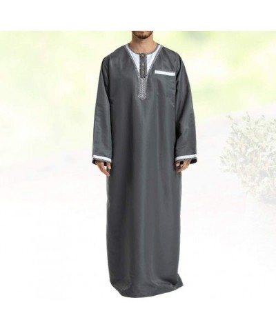 Men's Islamic Thobe Round Collar Splicing Long Sleeve Arab Muslim Wear Robe Clothes Size M (Grey) - C918SXCXECR $62.73 Robes