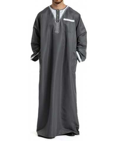 Men's Islamic Thobe Round Collar Splicing Long Sleeve Arab Muslim Wear Robe Clothes Size M (Grey) - C918SXCXECR $62.73 Robes