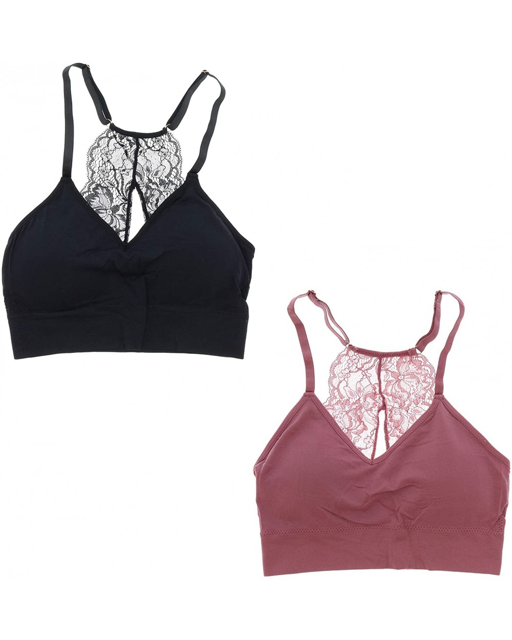 Intimates Women's Sexy Bralette with Lacey Racer Back (2 Bras) (Medium Black & Mauve) - CL18K77XGDQ $44.37 Bras