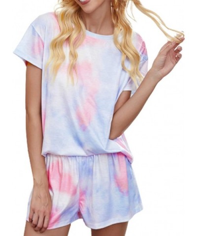 Womens Tie Dye Printed Short Sleeve Tee and Shorts Pajamas Set Sleepwear Pjs Sets Homewear Loungewear Dpink blue - CV19EYH7K0...