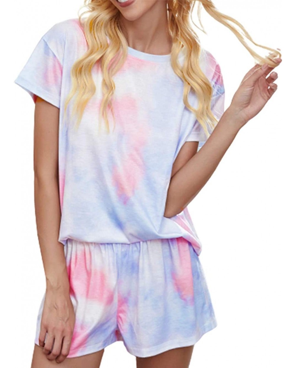 Womens Tie Dye Printed Short Sleeve Tee and Shorts Pajamas Set Sleepwear Pjs Sets Homewear Loungewear Dpink blue - CV19EYH7K0...