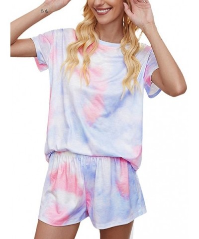 Womens Tie Dye Printed Short Sleeve Tee and Shorts Pajamas Set Sleepwear Pjs Sets Homewear Loungewear Dpink blue - CV19EYH7K0...