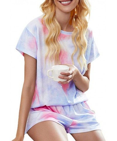 Womens Tie Dye Printed Short Sleeve Tee and Shorts Pajamas Set Sleepwear Pjs Sets Homewear Loungewear Dpink blue - CV19EYH7K0...