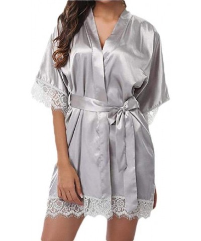 Women Lace-Trim Kimono Style Short Satin Robe Sleepwear with 3/4 Sleeves - 6 - CV198KIYZOW $27.54 Robes