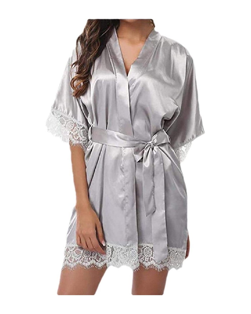 Women Lace-Trim Kimono Style Short Satin Robe Sleepwear with 3/4 Sleeves - 6 - CV198KIYZOW $27.54 Robes