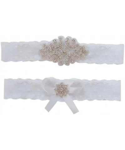 1 Pair Bridal Garter Sets White Lace Trim Rhinestone Bow Leg Band Photo Props for Wedding Anniversary Party - C5197QES8UG $18...