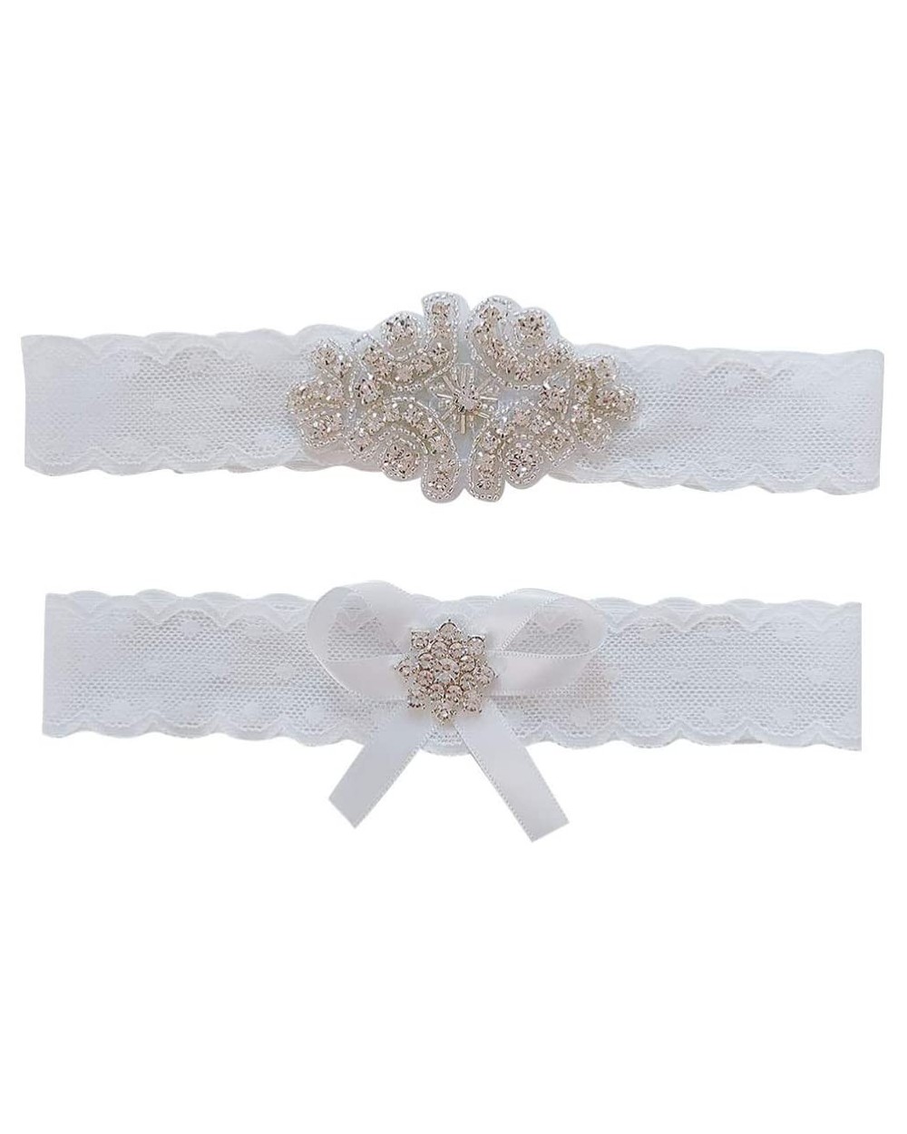 1 Pair Bridal Garter Sets White Lace Trim Rhinestone Bow Leg Band Photo Props for Wedding Anniversary Party - C5197QES8UG $18...