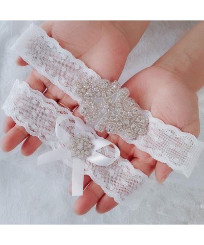 1 Pair Bridal Garter Sets White Lace Trim Rhinestone Bow Leg Band Photo Props for Wedding Anniversary Party - C5197QES8UG $18...