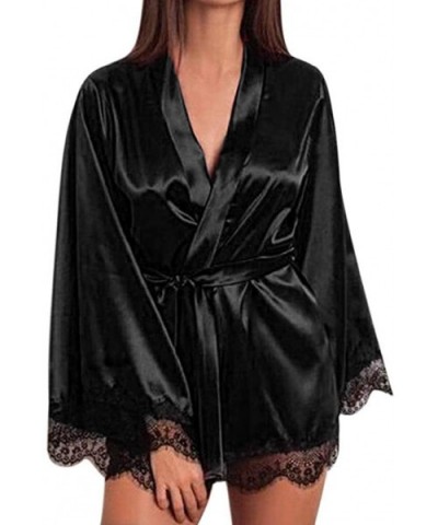 Womens Sexy Robe Satin Kimono Robes Lace Lingerie Nightgown Babydoll Nightshirt Long Sleeve Cardigans Nightwear - Black - CW1...