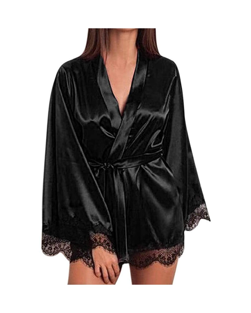 Womens Sexy Robe Satin Kimono Robes Lace Lingerie Nightgown Babydoll Nightshirt Long Sleeve Cardigans Nightwear - Black - CW1...