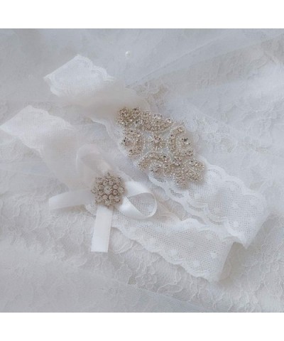 1 Pair Bridal Garter Sets White Lace Trim Rhinestone Bow Leg Band Photo Props for Wedding Anniversary Party - C5197QES8UG $18...