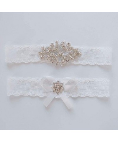 1 Pair Bridal Garter Sets White Lace Trim Rhinestone Bow Leg Band Photo Props for Wedding Anniversary Party - C5197QES8UG $18...