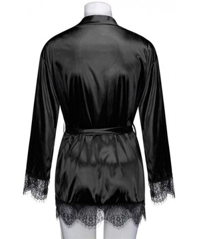 Womens Sexy Robe Satin Kimono Robes Lace Lingerie Nightgown Babydoll Nightshirt Long Sleeve Cardigans Nightwear - Black - CW1...