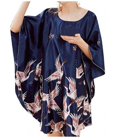 Silk Pajamas for Women Short Sleeve Satin Bathrobes Long Skirts Llingerie Sleepwear Nightdress - Navy - C6195C8OH2Y $16.56 Tops