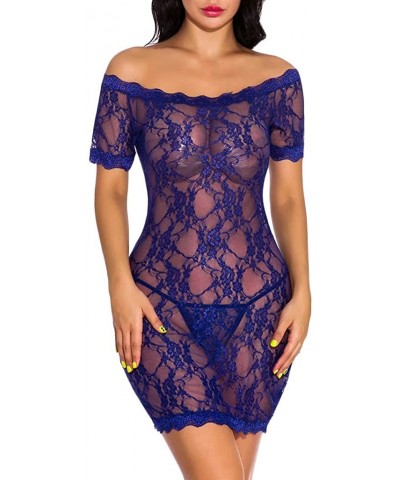 New Womens Plus Size Sexy Lingerie Chemise Lace Badydoll Off Shoulder Sleepwear - Blue - CP18XSRI5OR $22.28 Slips