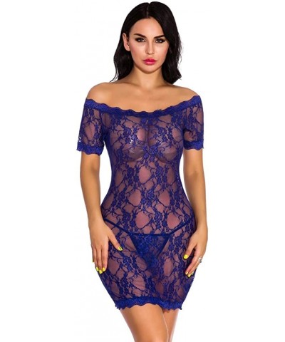 New Womens Plus Size Sexy Lingerie Chemise Lace Badydoll Off Shoulder Sleepwear - Blue - CP18XSRI5OR $22.28 Slips