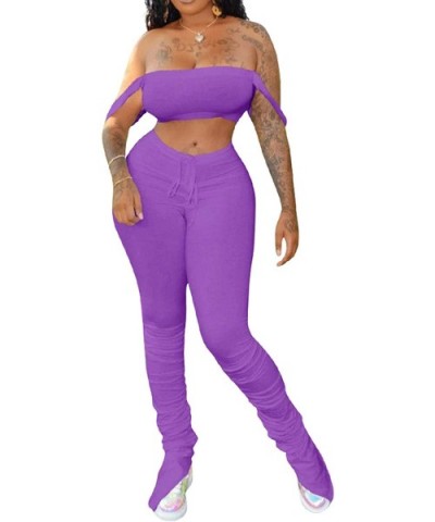 Women Sexy Bra Crop Top Zipper Wide Leg Ruffle Long Pants Solid Jumpsuits Summer 2 Piece Outfits Clubwear B purple - CR199XUG...