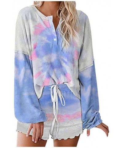 2 Pieces Outfits for Women Tie Dye Printed Long Sleeve Top Shorts Sets Pajamas Suit Sleepwear Loungewear Sky Blue - C319CQH87...