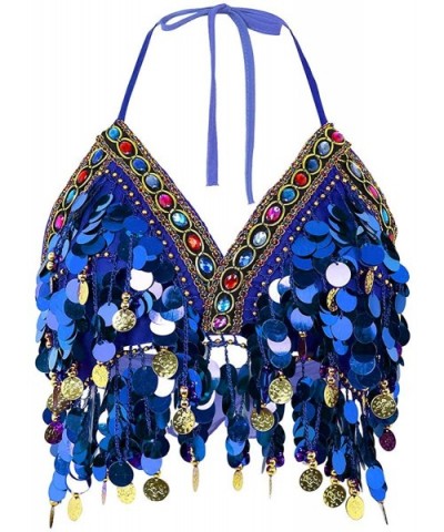 Women's Shiny Sequins Tassel Bra Halter Neck Belly Dance Salsa Boho Festival Tribal Crop Top - Royal Blue - CB196RH77O9 $34.2...