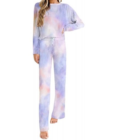 Women Tie Dye Printed Long Pajamas Set Long Sleeve Pullover and Drawstring Sweatpants 2 Piece Sweatsuit Set B Blue - C719D8MN...