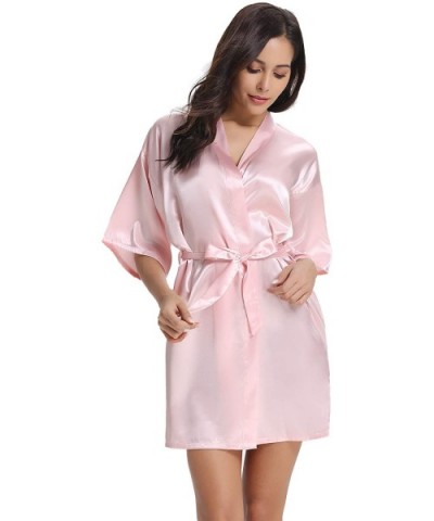 Women's Satin Robe Short Kimono for Bride & Bridesmaid Wedding Party Robes with Gold Glitter or Rhinestones - Pink(maid of Ho...