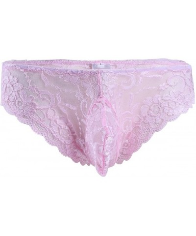 Sissy Pouch Panties Mens Sexy Lace Bikini Briefs Thong Sheer Crossdress Underwear Nightwear - Pink - CN1932GUE36 $22.30 Briefs