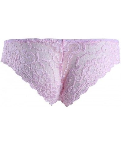 Sissy Pouch Panties Mens Sexy Lace Bikini Briefs Thong Sheer Crossdress Underwear Nightwear - Pink - CN1932GUE36 $22.30 Briefs